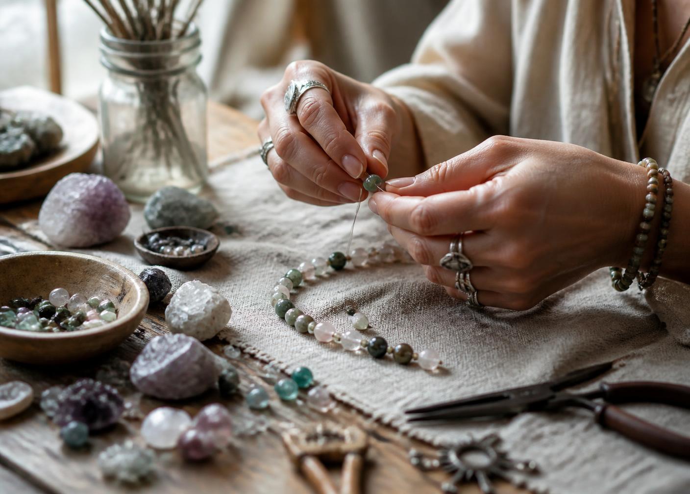 Hands stringing gemstone beads at a linen-covered workbench